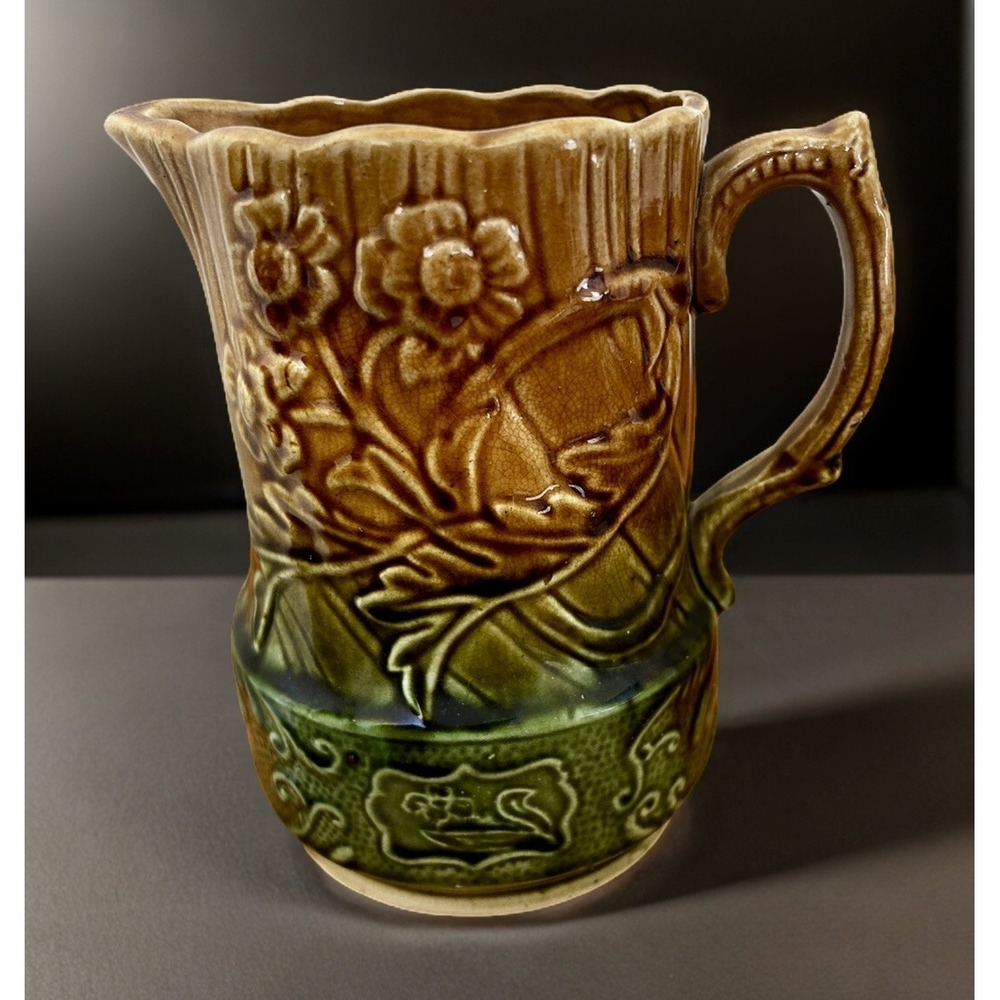 Majorca Vintage Green Gold Floral Ceramic Pitcher. Made In England